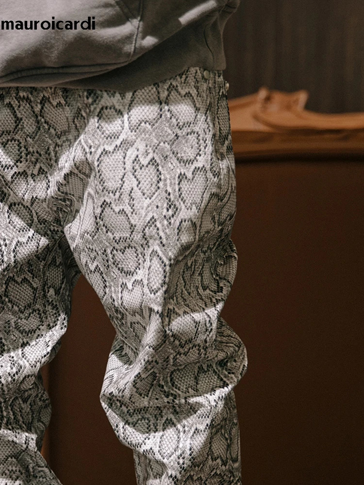 Mauroicardi Spring Autumn Long Cool Stylish Snake Skin Patent Pu Leather Pants Men Trousers Fashions Hip Hop Y2K Streetwear 250312