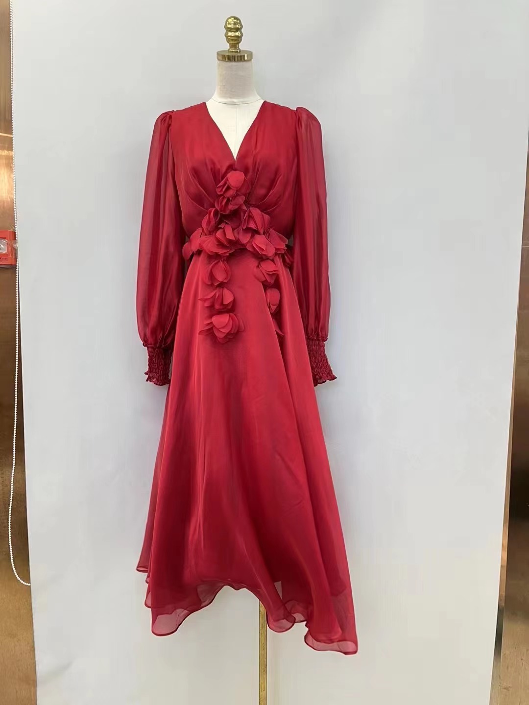 K61351 A3 high quality new French high-class lady sexy V-neck three-dimensional flower high waist figure showing mesh dress