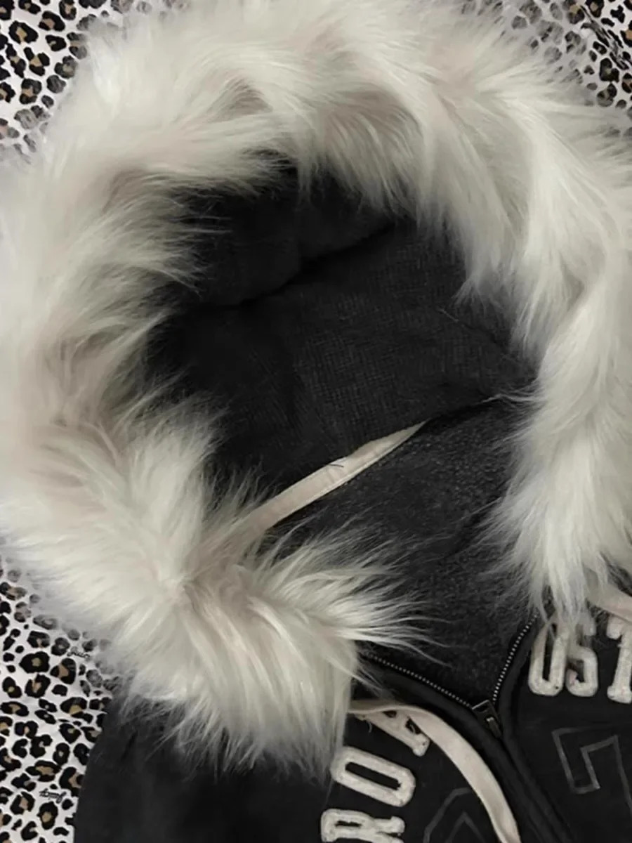 Y2K Womens Zip Up Letter Printed Fur Collar Hoodies Slim Fit Comfortable Simplicity Black Sweatshirts Warm Basic Version Tops 250320