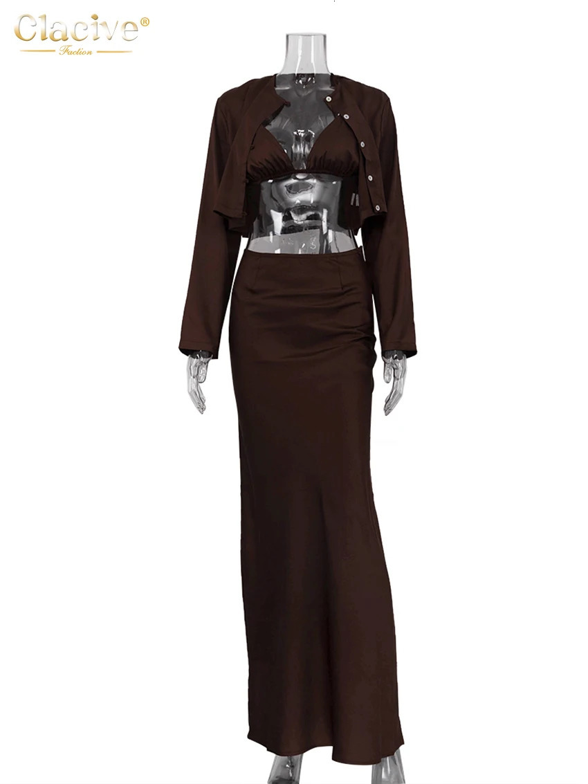 Clacive Sexy Loose Brown Satin 3 Piece Sets Women Outfit Fashion Long Sleeve Crop Top Bra With High Waist Maxi Skirt Set 250320