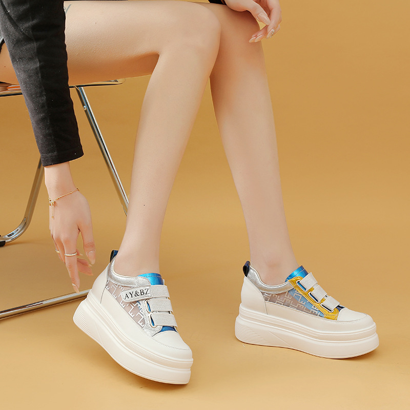 2025 new thick soled white shoes with increased height, women's color blocked designer fashion casual shoes, breathable mesh shoes