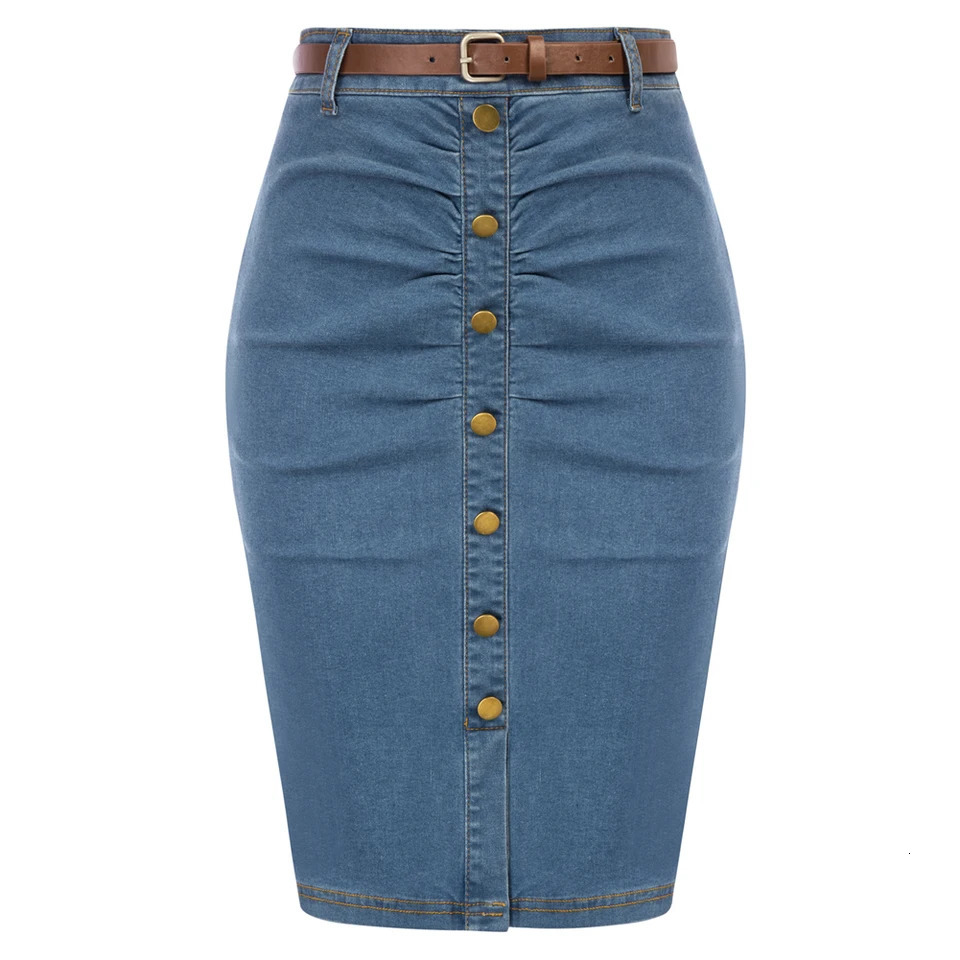 Women Vintage Jean Skirt With Belt High Waist Ruched Front Bodycon Skirt 250320