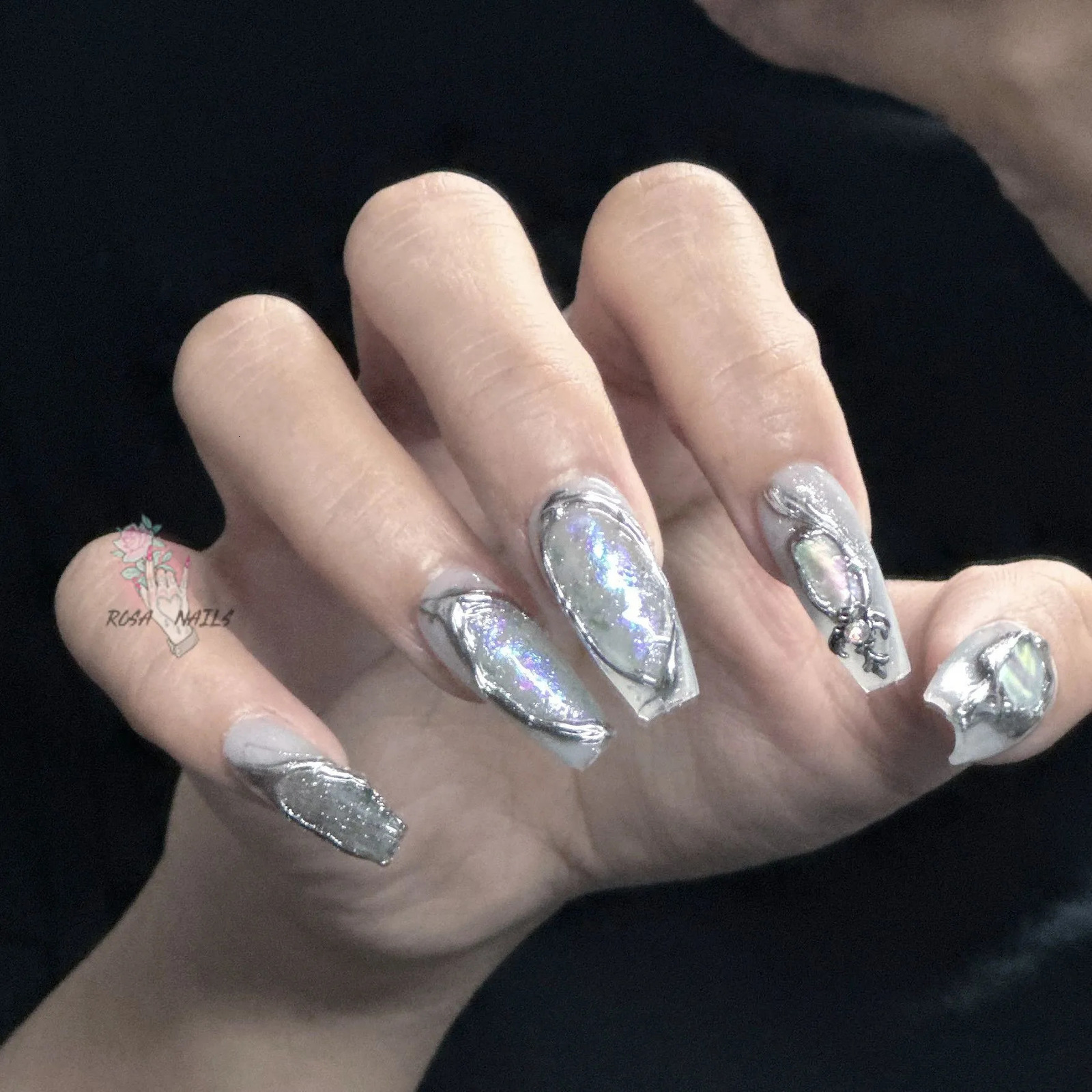Fake Nails y2k Rainbow Discoloration Effect Handmade Tips Shine Chameleon Flakes Hologram Mirror Manicure Gothic Press on Nails 250319