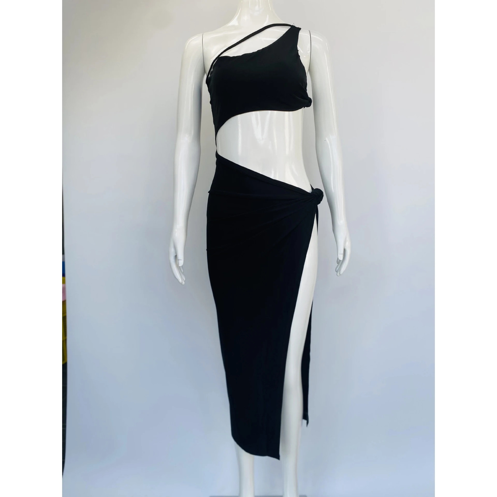 Womens Sleeveless One Shoulder Solid Cut Off Holes Bodycon Split Sexy Nightclub Party Dress 250320