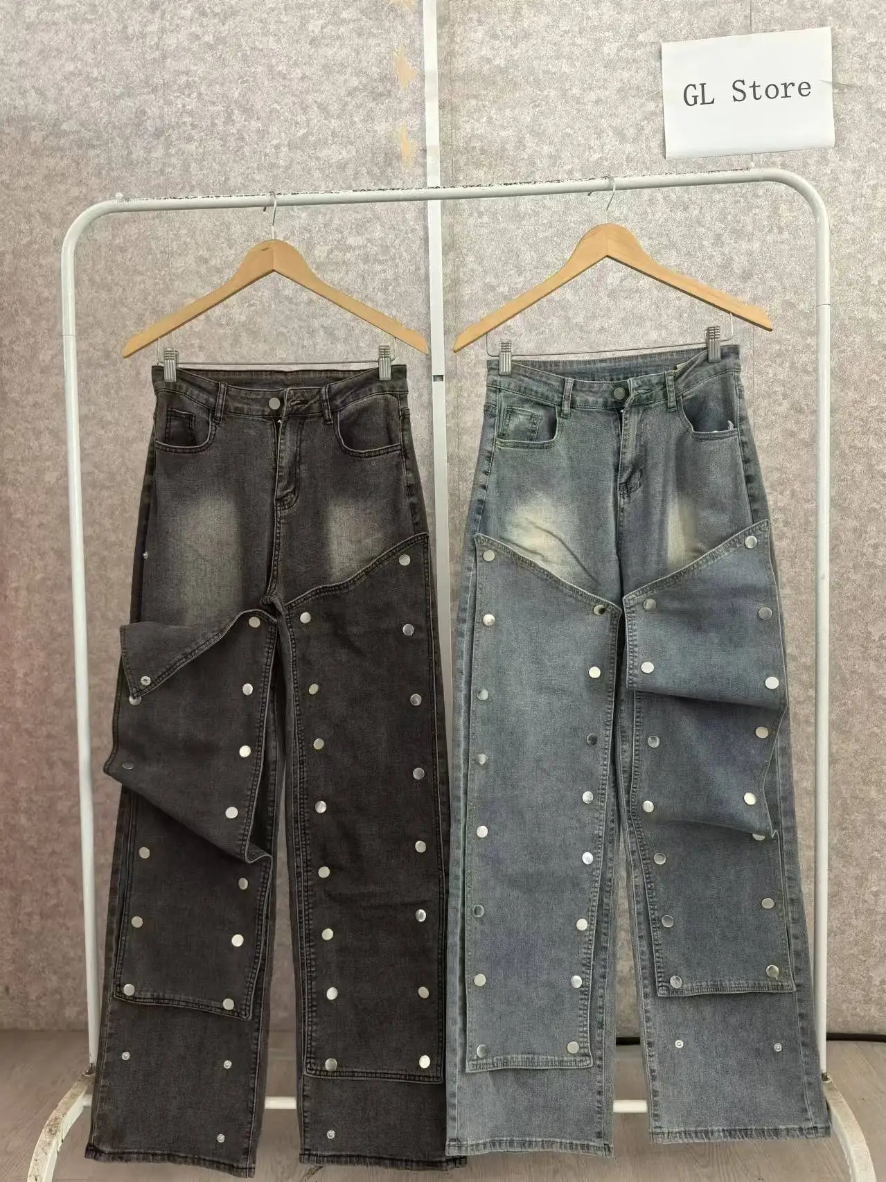 CM.YAYA Womens Street Clothing Button Cut Cargo Straight Denim Wide Leg Jeans Pants INS Elastic Fashion Party Cargo Truck 250320