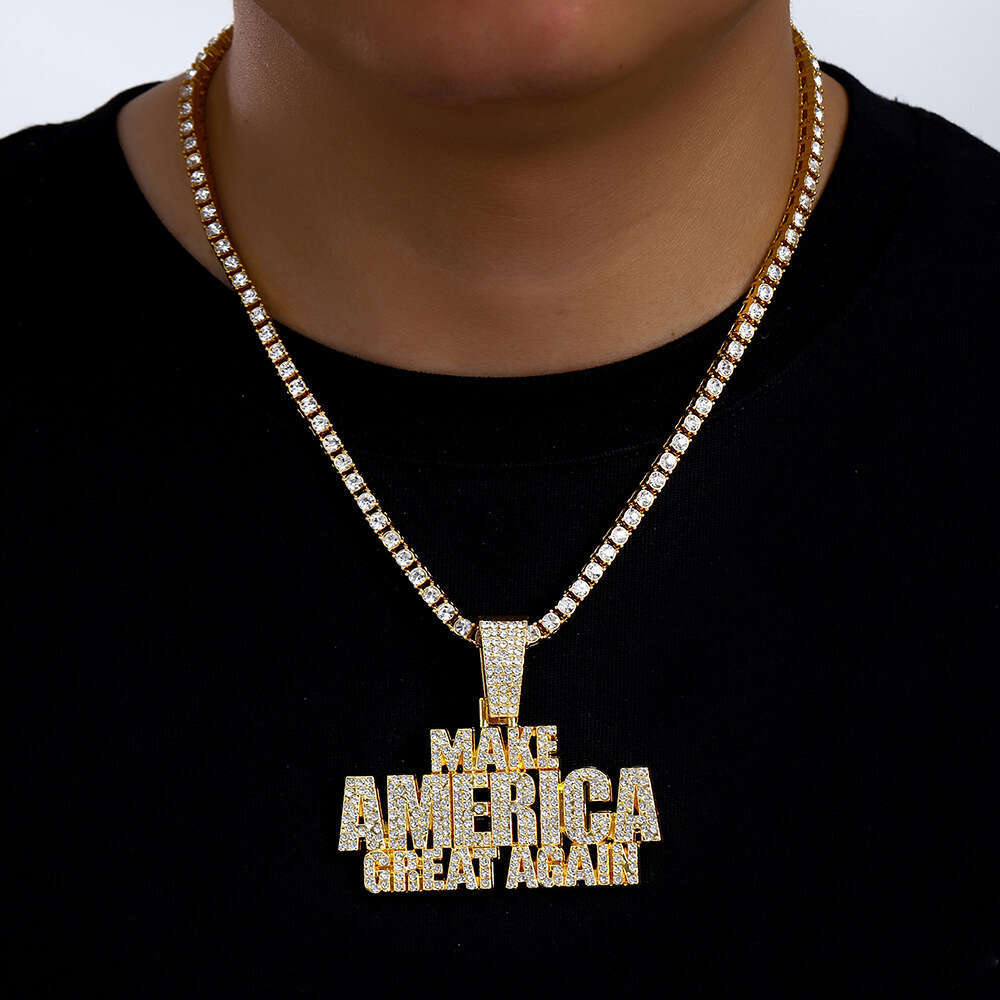 Men's Hip Hop Jewelry Full Dia Letter Splicing Pendant Necklace Cool Punk Cuban Chain Accessories