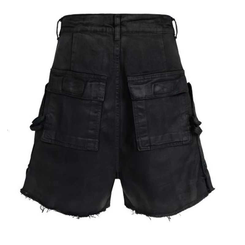 RO Style Brushed Wax Coated Rough Edge Denim Shorts Men Dark Multi Pockets Five Quarter Pants Cargo 250320