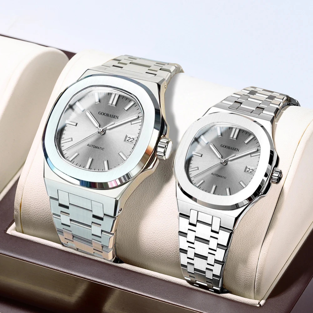 GOOBASEN Couple Watches Trend Fashion Quartz Watch for Lover Waterproof Stainless Steel Wristwatch Luminous Date Gifts 2 Pcs 250320