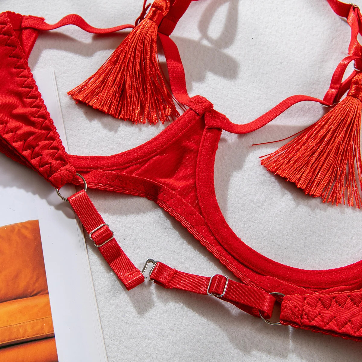 Sexy Hollowed Out Tassels Exotic Apparel Suit Fashion Womens Solid Seductive Opening Underwear Female Intimates Set 250320