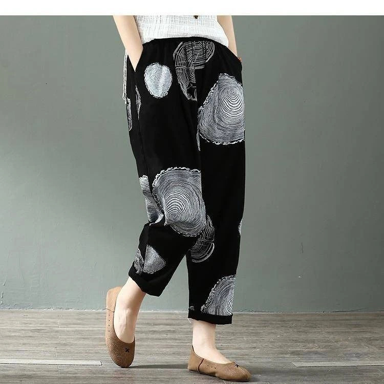 Summer harem pants for women retro fashion printed loose cotton linen casual wide leg 250320