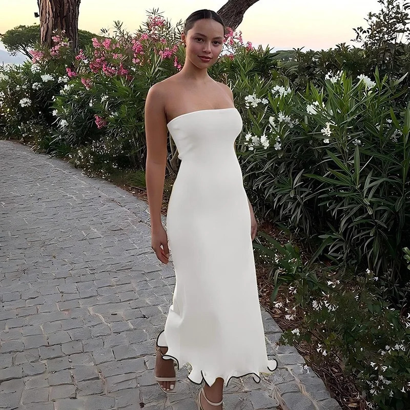 womens strapless slim fit bag long dress with ruffled hem sexy and elegant party night out summer club outfit 250320