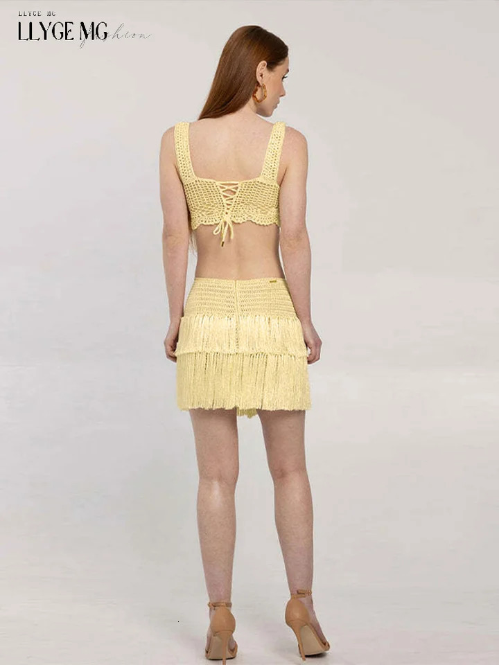 Knitted Tassels Mini Skirt Set Women Spaghetti Strap Crop Top Above Knee Skirts Sets Summer Solid Suit Lady Beach Party Holiday 250320
