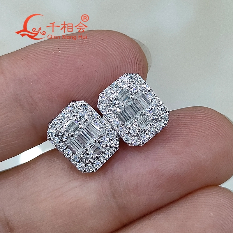10mm Rectangle Cross Baguette Moissanite Stone Ear Stud S925 Silver D VVS Womens Wedding Jewelry Gift Earring for Dating