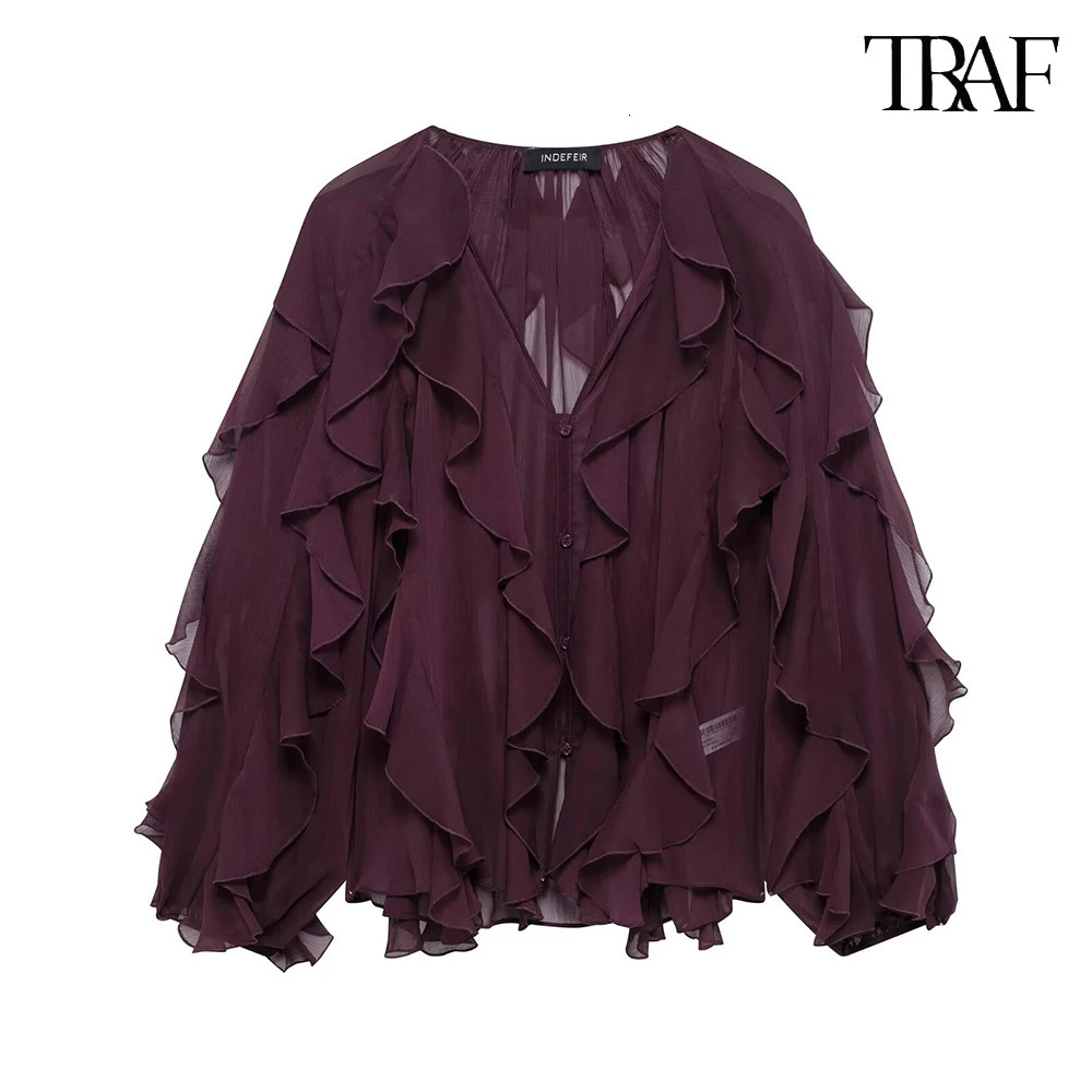 TRAF Fashion loose stacking decorative shirt casual solid color pleated sleeves 2025 Burgundy mesh womens 250312