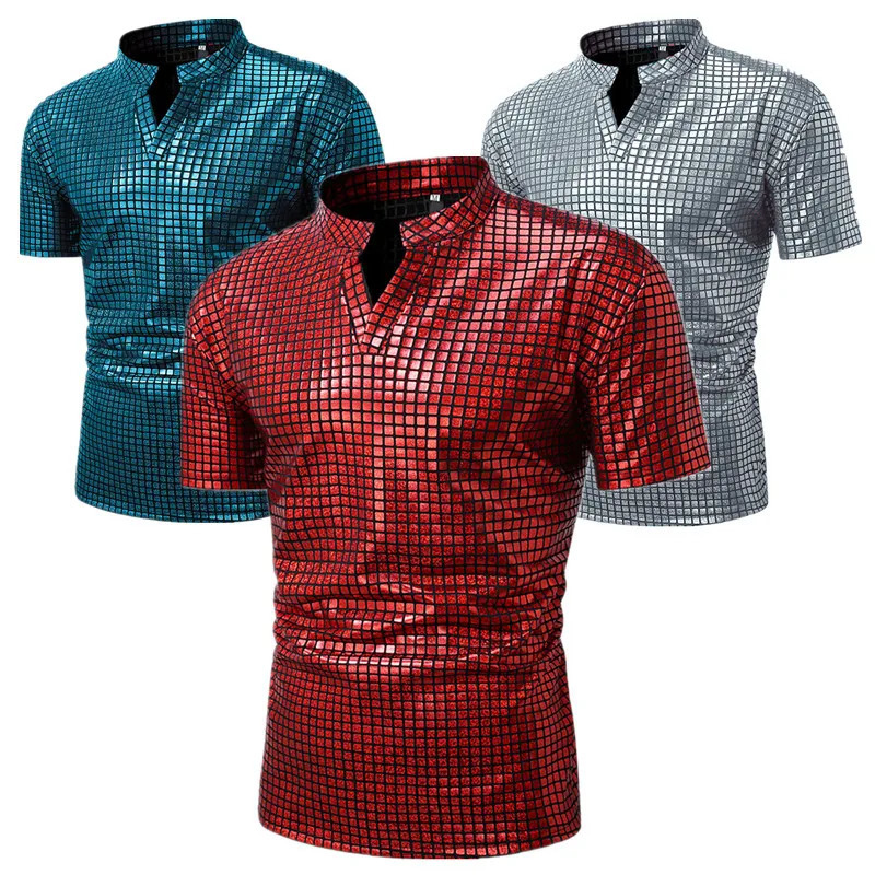 Summer mens standing neck polo shirt fashionable daily casual lightweight breathable small elastic checkered floral pattern 250320Z