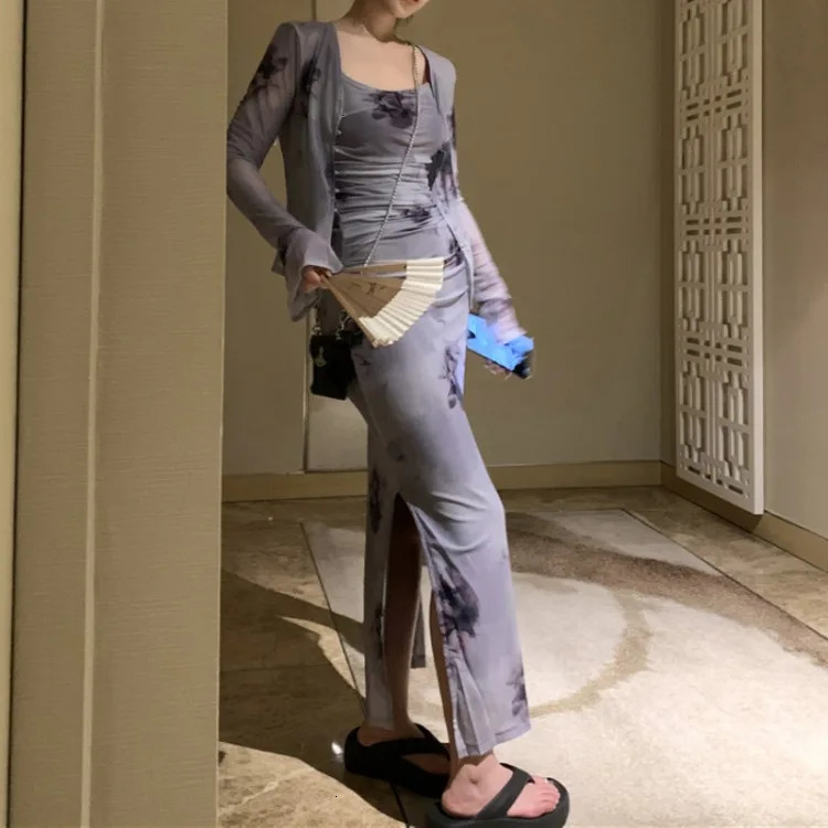 Vintage Rose Tie Dyed Slim Fit Strap Dresses Y2k E-Girl Long Sleeve Sun Protection Tops Women Summer Two Piece Sets 250320