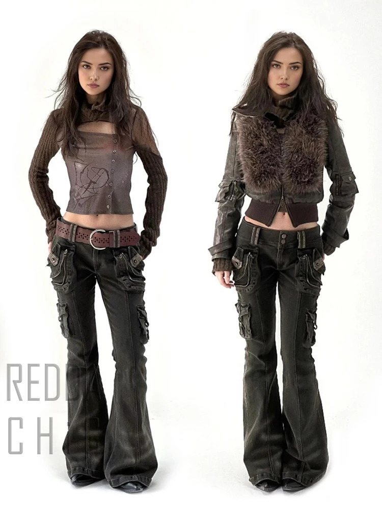 REDDACHiC Dual-Button Low Rise Women Cargo Pants Grunge Zipper Decor Pockets Do Old Whiskers Flare Jeans Grayu Y2k Streetwear 250320