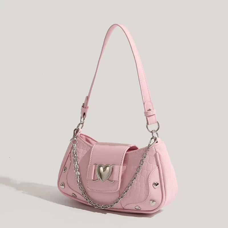 Womans Bags Pink Single Shoulder Bag Metal Chain Heart Decoration Y2K Style Underarm Bag Loveliness Lady Fashion Handbags 250314