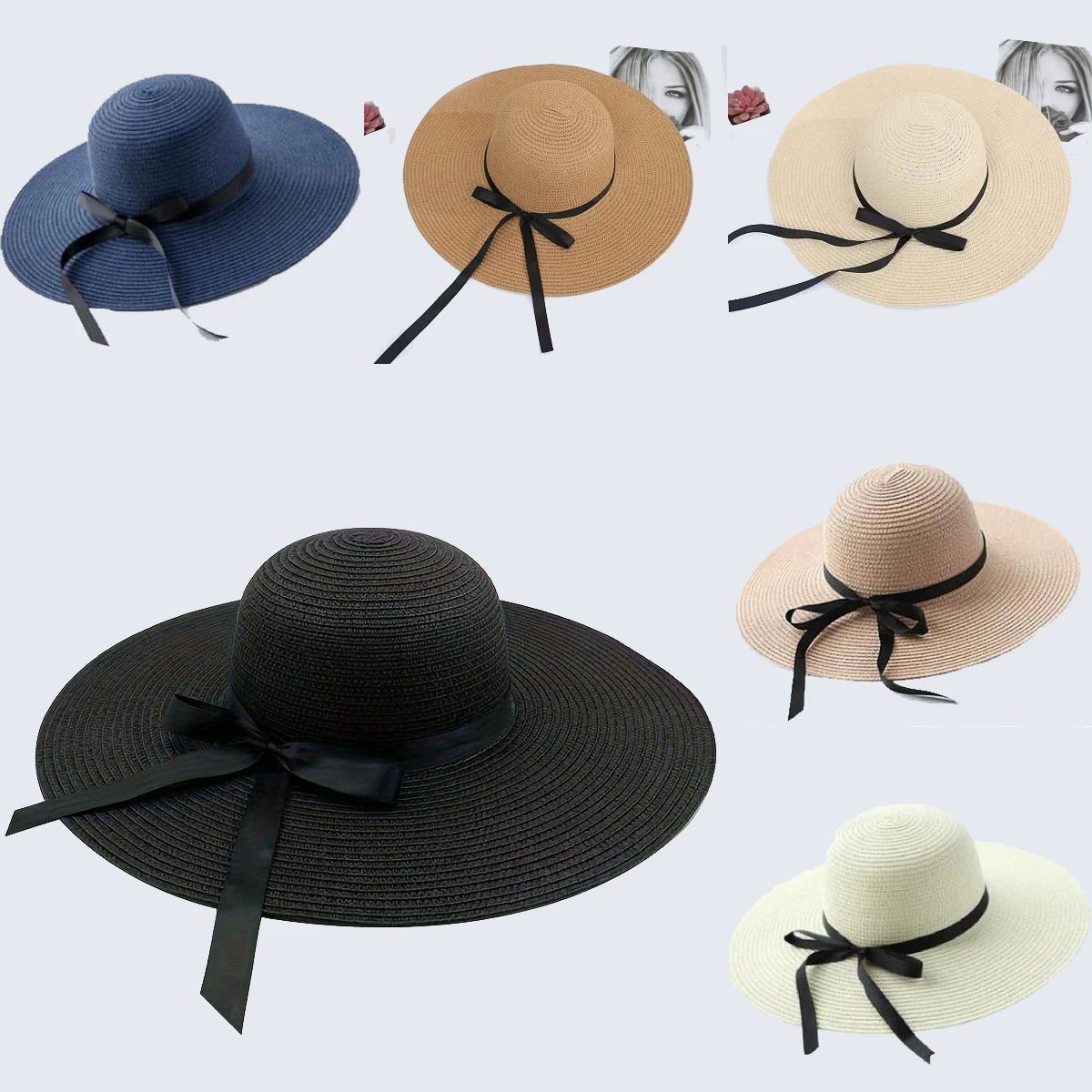 Big Eave Straw Hat Womens Black Bow Edge Sunscreen Folding Beach Hat Outdoor Seaside Vacation Fashionable and Elegant 250320