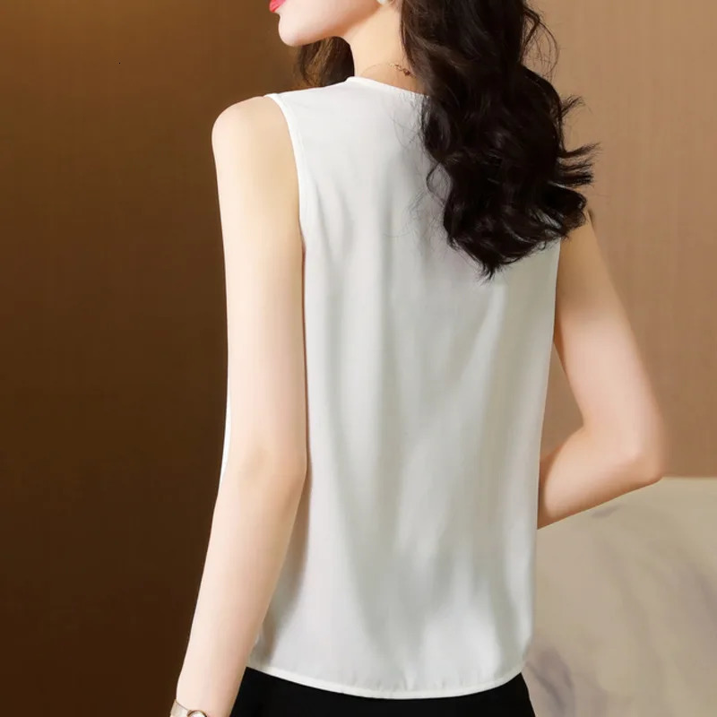 #1205 Black White Chiffon Tank Top Women V-neck Sexy Short Top Female Sleeveless M-4XL Outerwear Office Top Woman Summer 250320