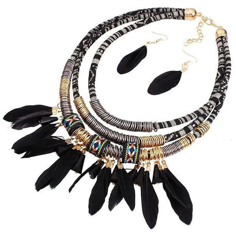 Fashionable retro ethnic feather necklace earring set womens multilayer Neclace jewelry 250313