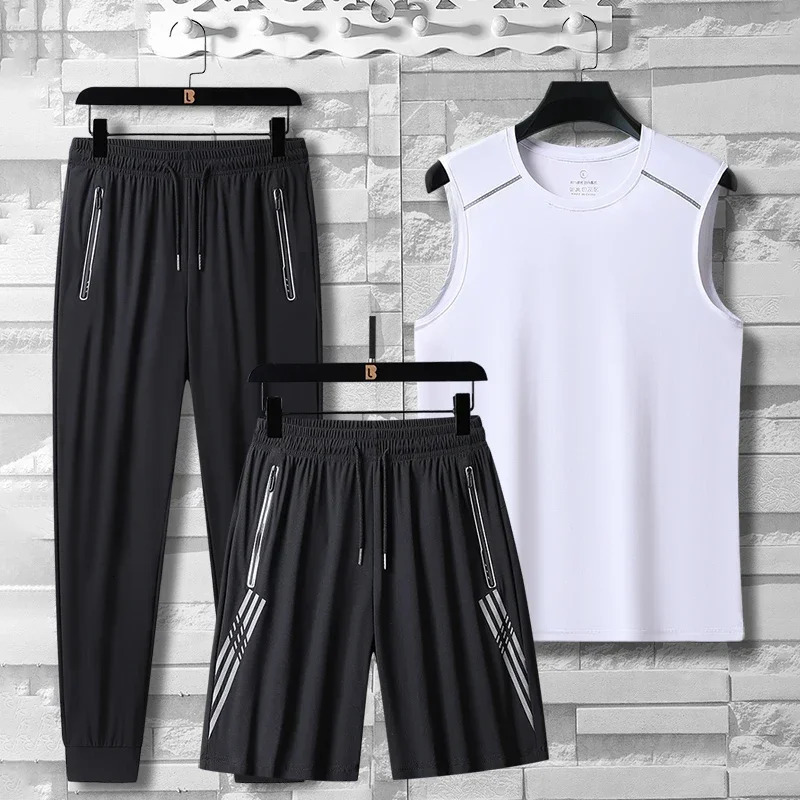 Lightweight Sportswear Three Piece Set Summer High-quality Ice Silk Breathable Quick Drying Camisole Vest Shorts Pants Set 250320