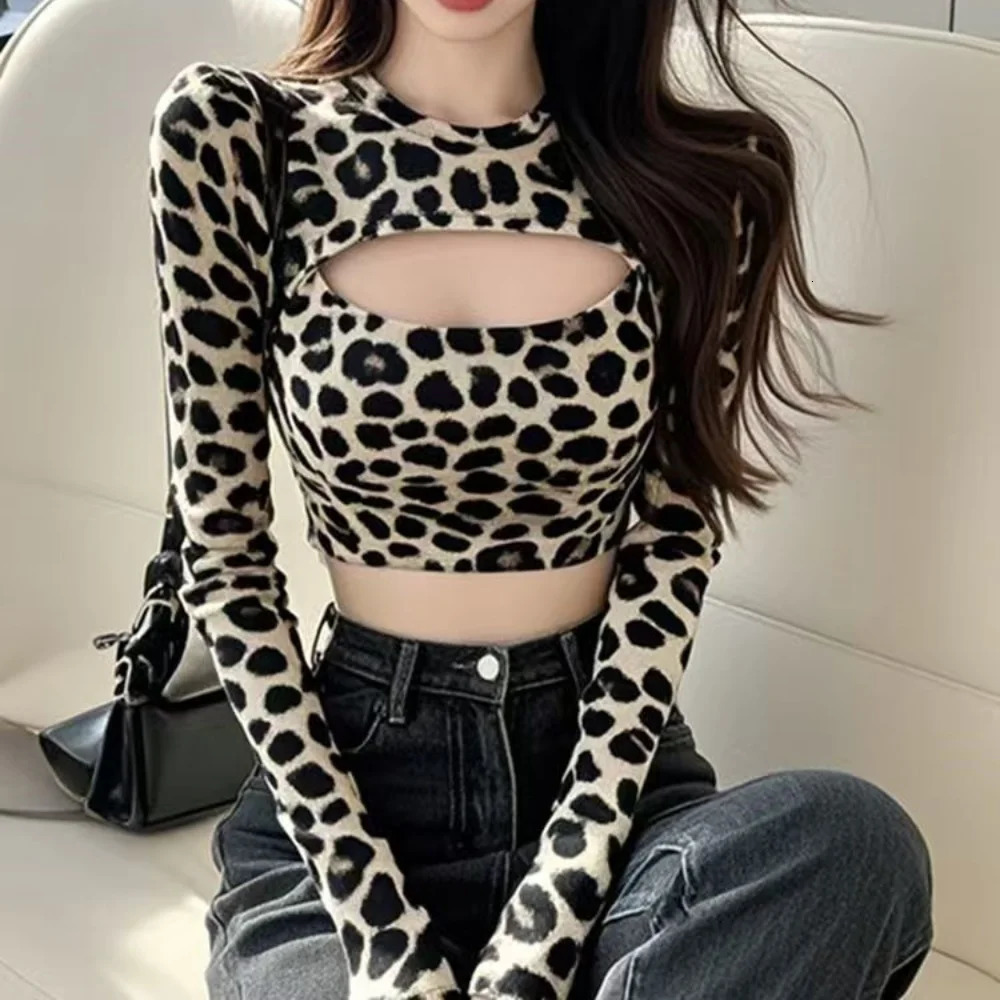 In Spring Womens TShirts Blouses ONeck Long Sleeve Crop Top Leopard Short Slim Sexy Hollow Out Female 250311