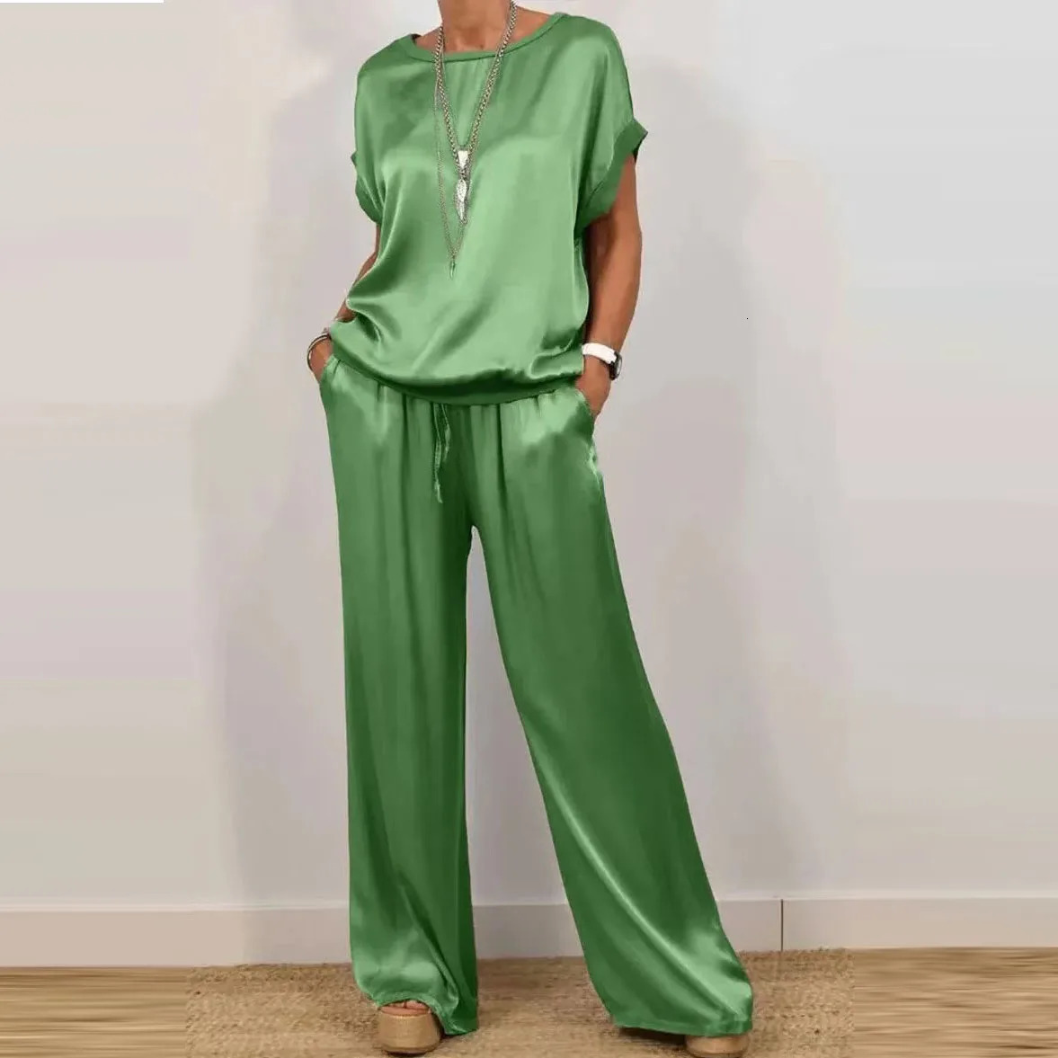 Summer Satin Two Piece Set For Women V Neck Bat Sleeve Top Casual Loose Lace Up Wide-leg Pants 2 Piece Suit Home Outfits Women 250320