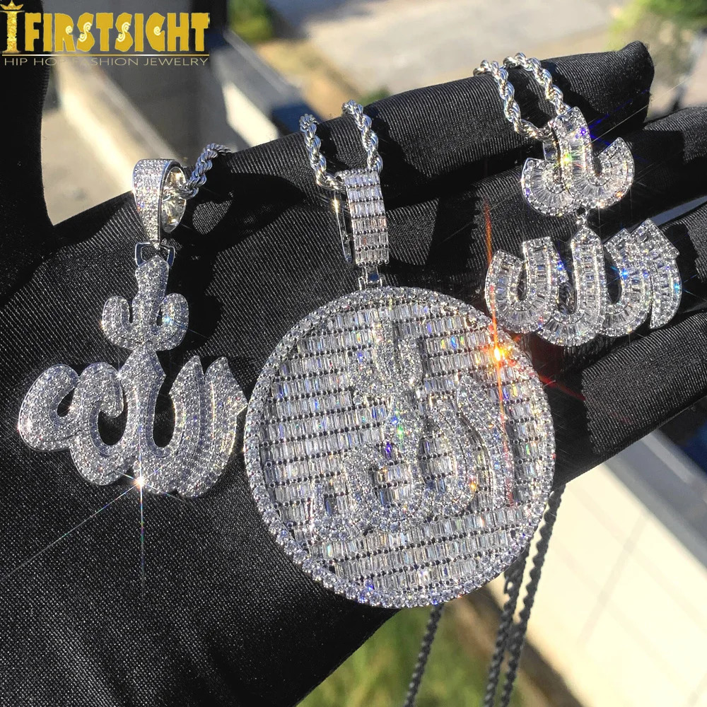 Iced Out Muslims Pendant Necklace 14MM Cuban Chain Pave Zircon CZ Letter Charm Bling Men Hip Hop Jewelry 250320