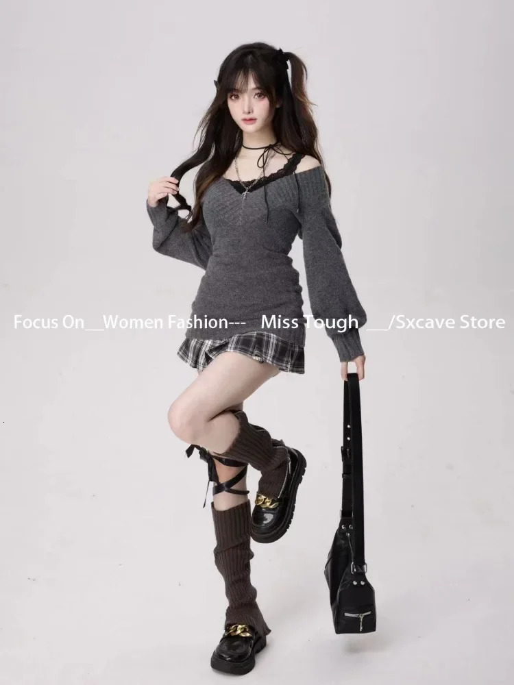 Knitted Suits Autumn Winter Woman V-neck French Vintage Long Sleeve Pullovers Knitwears 2000s Aesthetic Korean Sweater Sets Y2k 250320