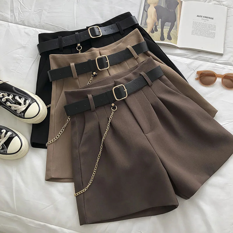 Casual Comfortable Elegant Wild Shorts With Belt Womens Woolen Shorts Autumn Winter Slim Wide Leg A-line Shorts 250320