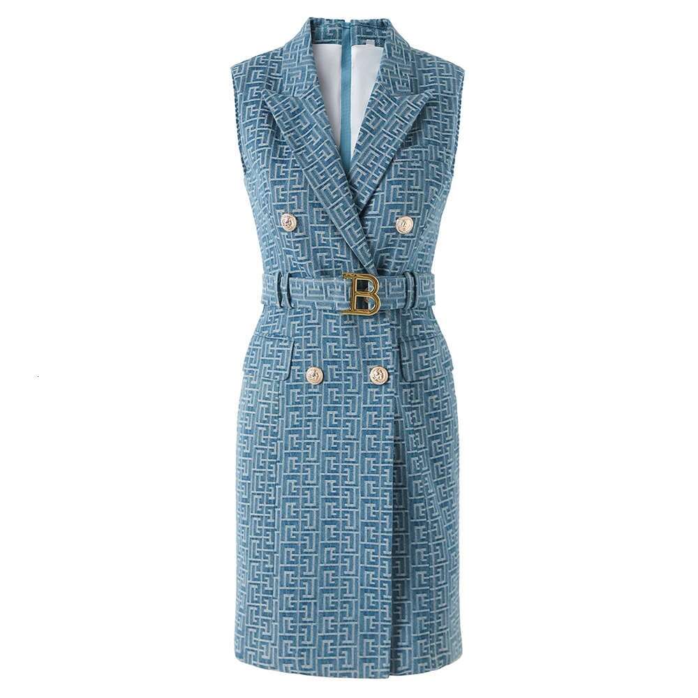 Summer New High-Quality Sleeveless Herringbone Lace Up Denim Fabric High Street Style Dress