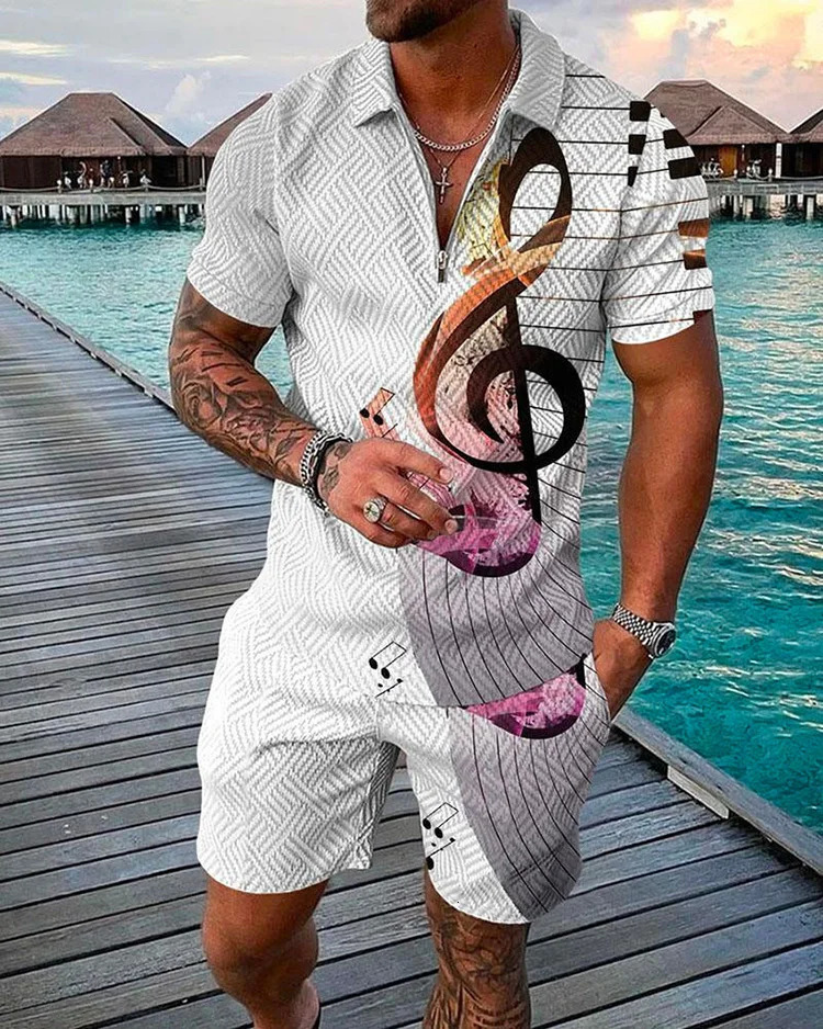 Summer Music Note 3D Printed Mens Zipper Collar Track Set Trend Polo Shirt Fashion Casual Shorts 2-piece Set Mens Street Clothing Set 250318