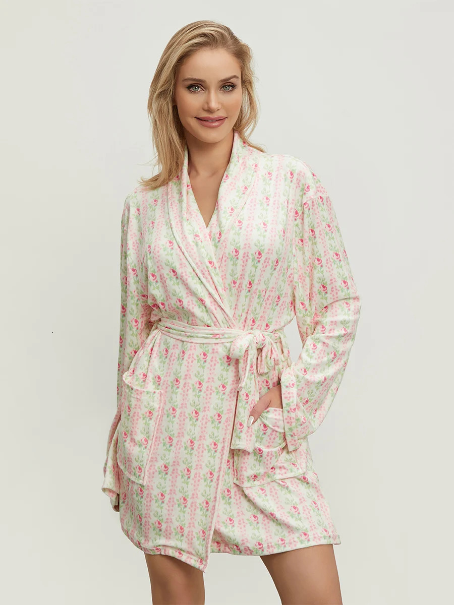 Womens elegant printed long sleeved waistband robe with a lapel and convenient pockets suitable for spring autumn nights 250320