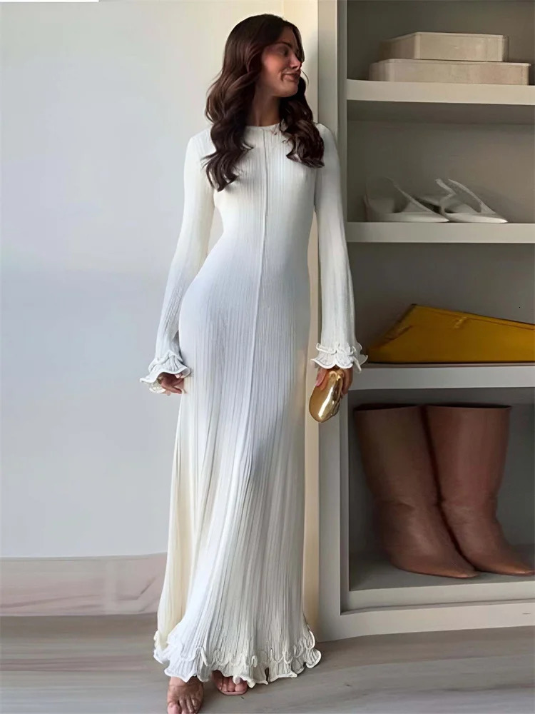 Tossy Knitted Lace Ruffle Womens Long Dress Patchwork Ribbed Loose Fashion Bandage Elegant Dress Womens Knitted Maxi Dress 250320