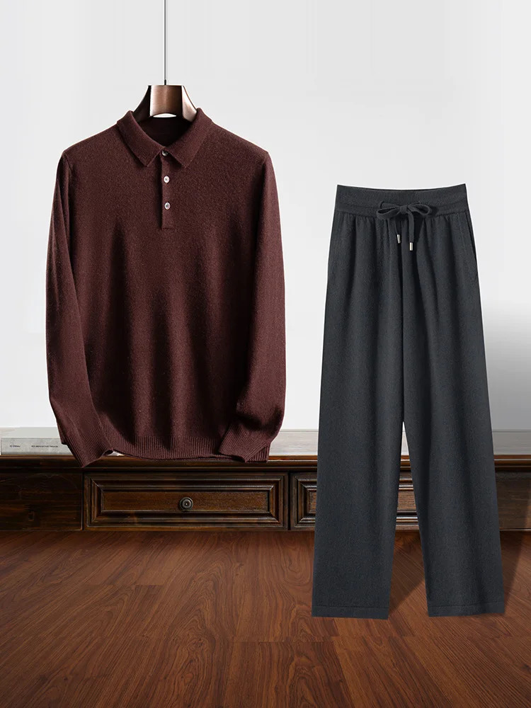 Mens Cashmere Polo Pullover Sweater Casual Soft 100% Cashmere Knitwear High-waisted Pants Spring Autumn Clothes Solid Set 250320