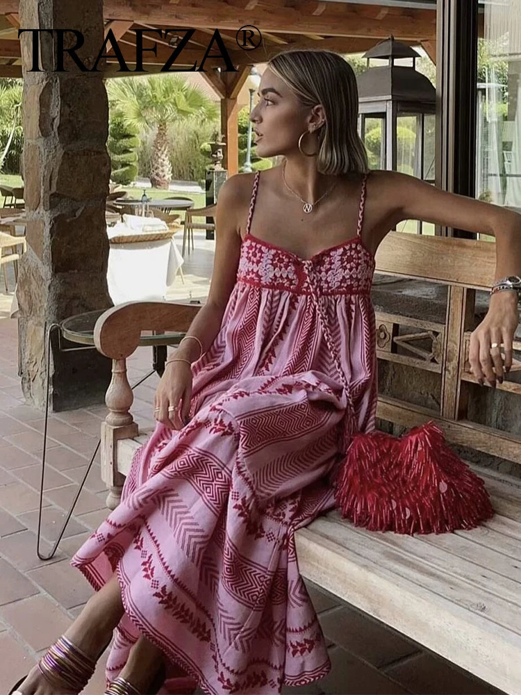 TRAFZA Women Fashion Floral Knitted Patchwork Sling Beach Dress Female Blocked Sleeveless Backless Slimming 250317