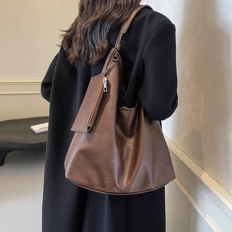 Burgundy 2in1 Womens Shoulder Bag Soft PU Leather Solid Color Large Capacity Shopping Stray with Coin Wallet 250320