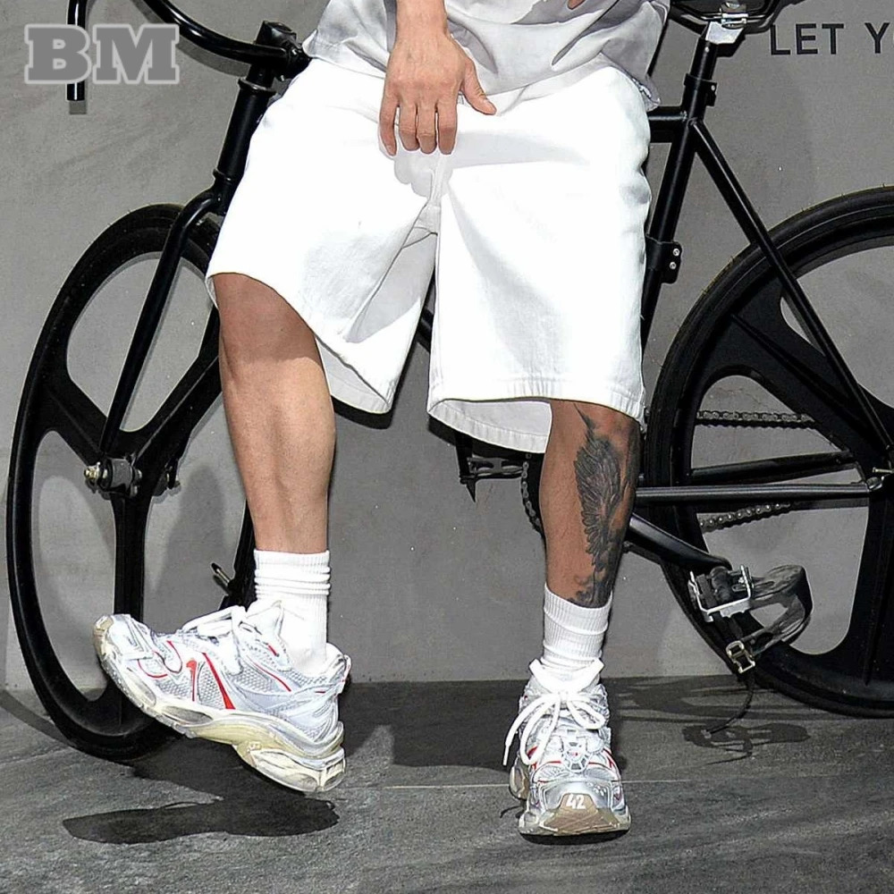 High quality hiphop streetwear white pocket denim shorts mens summer Korean fashion Jorts Kpop skateboard 250312