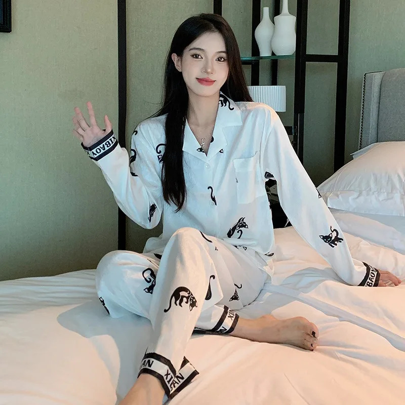 2Pcs/set plus size ladies pyjamas set ice silk student home wear cardigan lapel long sleeve long trousers girls womens clothes 250320