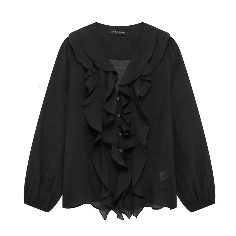 2025 Spring Womens Ruffles Elegant Shirts Blouses Long Sleeve Semi-Transparent Tops For Women Shirt And Blouse Top 250320