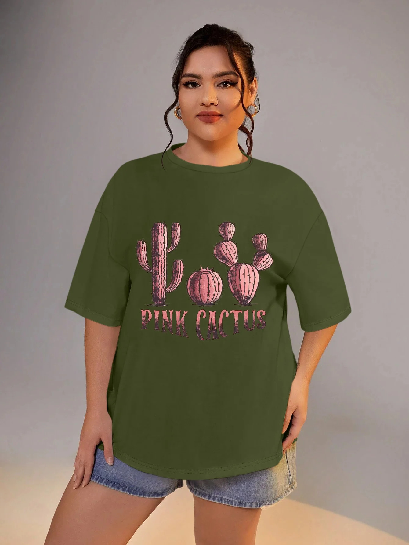 Plus Size Women Clothing Pink Cactus Print Oversize Short Sleeve T-shirt Large Sizes for Fat Women Summer 250320