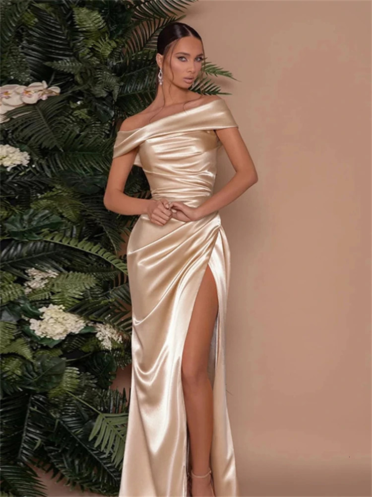 Ladies Autumn Elegant Evening Party Dress Women Satin Sleeveless Backless Side Slit Ruched Maxi Dresses Clubwear Fall Outfits 250320