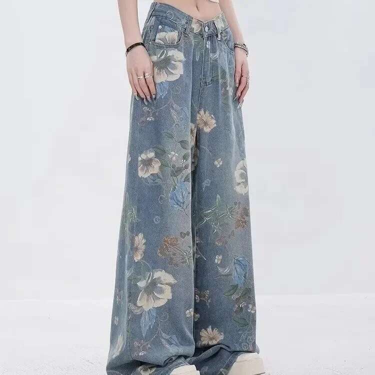 Designer Jeans 2025 Summer New Straight Leg Denim Flared Pants Retro Style Personalized Print Slim Fit Women's Pants Jeans Blue Men's And Wo