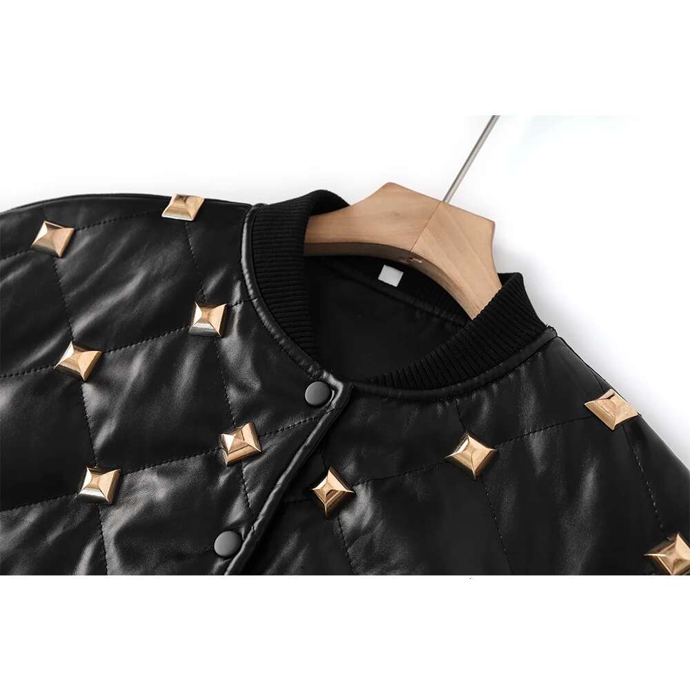 New Handsome Motorcycle Women Heavy Rivet Black Puleather High Street Outerdoor Jackets Plaid Coats
