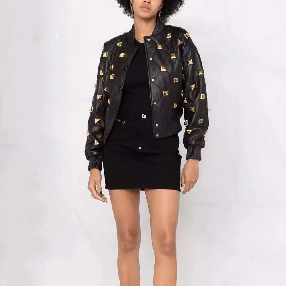 New Handsome Motorcycle Women Heavy Rivet Black Puleather High Street Outerdoor Jackets Plaid Coats