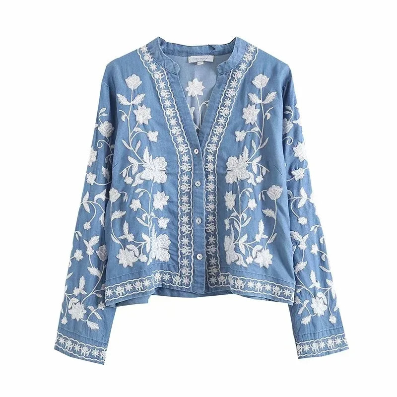 3/4 Sleeve Denim Shirt Womens Spring/Summer Soft Jeans V-neck Floral Embroidery Top Thin Coat T35432M 250317