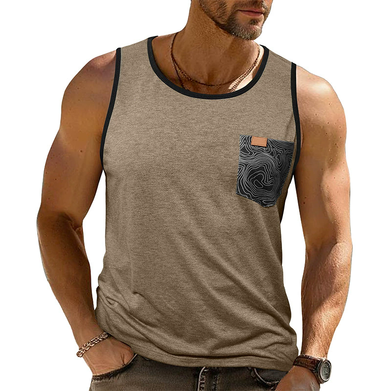 6 Color Summer T-Shirts Men's Sleeveless Printed Vest Loose Pocket Fitness Sports Top Polyester Dark Grey Green Tees XXL