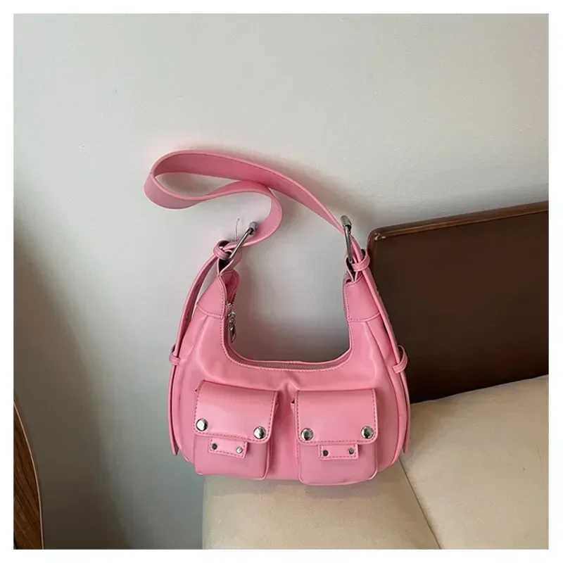 PU solid color 2024 new shoulder bag zipper sewing thread fashionable handbag soft motorcycle style popular cross body bag Y250320
