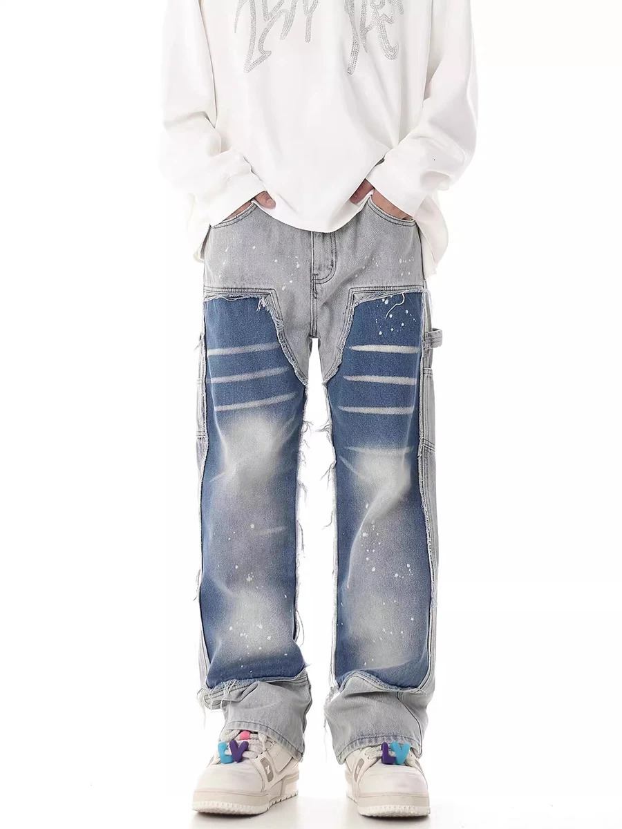 REDDACHIC Two tone Patch Work Bag Jeans Mens Hip Hop Splash Ink Brush Blue Washed Loose Suitable for Casual Wide Leg Pants Y2K Street Clothing 250317